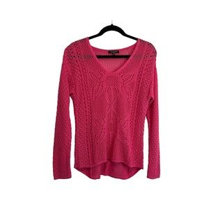 Notations Petite Pink V Neck Long Sleeve Open Knit Crochet Sweater Womens PM